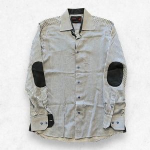 BriO Pure Cotton Long Sleeves Elbow Patches Men's L 16.5/17 Checkered White Blue
